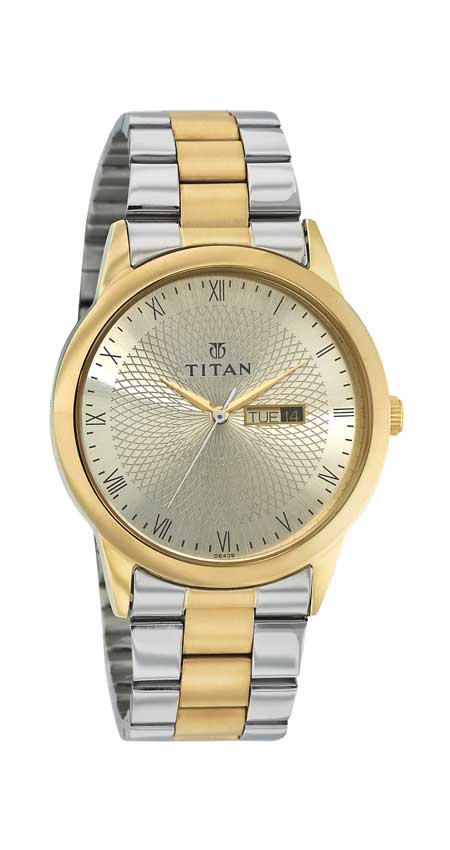 Titan Quartz Analog with Day and Date Champagne Dial Stainless