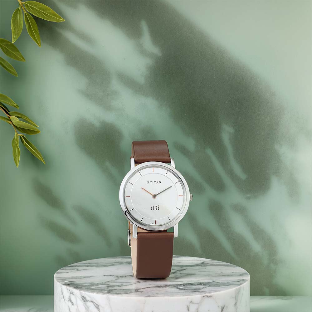 Titan Edge SilverDial Analog Stainless Steel Leather Strap Watch