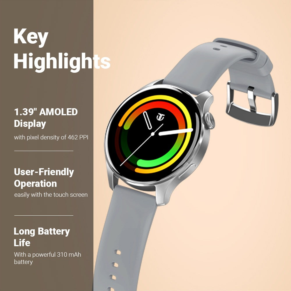 Titan Talk- Touch Screen Watch with Grey Strap, BT Calling, AI- Voice Assistant, and Amoled Display