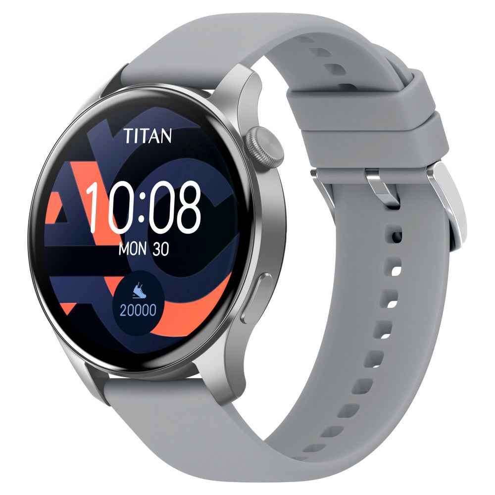 Titan Talk- Touch Screen Watch with Grey Strap, BT Calling, AI- Voice Assistant, and Amoled Display