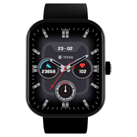 Titan Mirage with 4.97 cm AMOLED Display and AOD, Functional Crown, BT Calling Smartwatch with Black Leather Strap