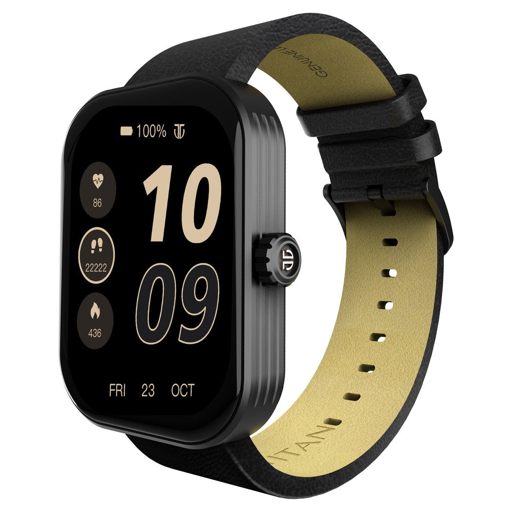Titan Mirage with 4.97 cm AMOLED Display and AOD, Functional Crown, BT Calling Smartwatch with Black Leather Strap