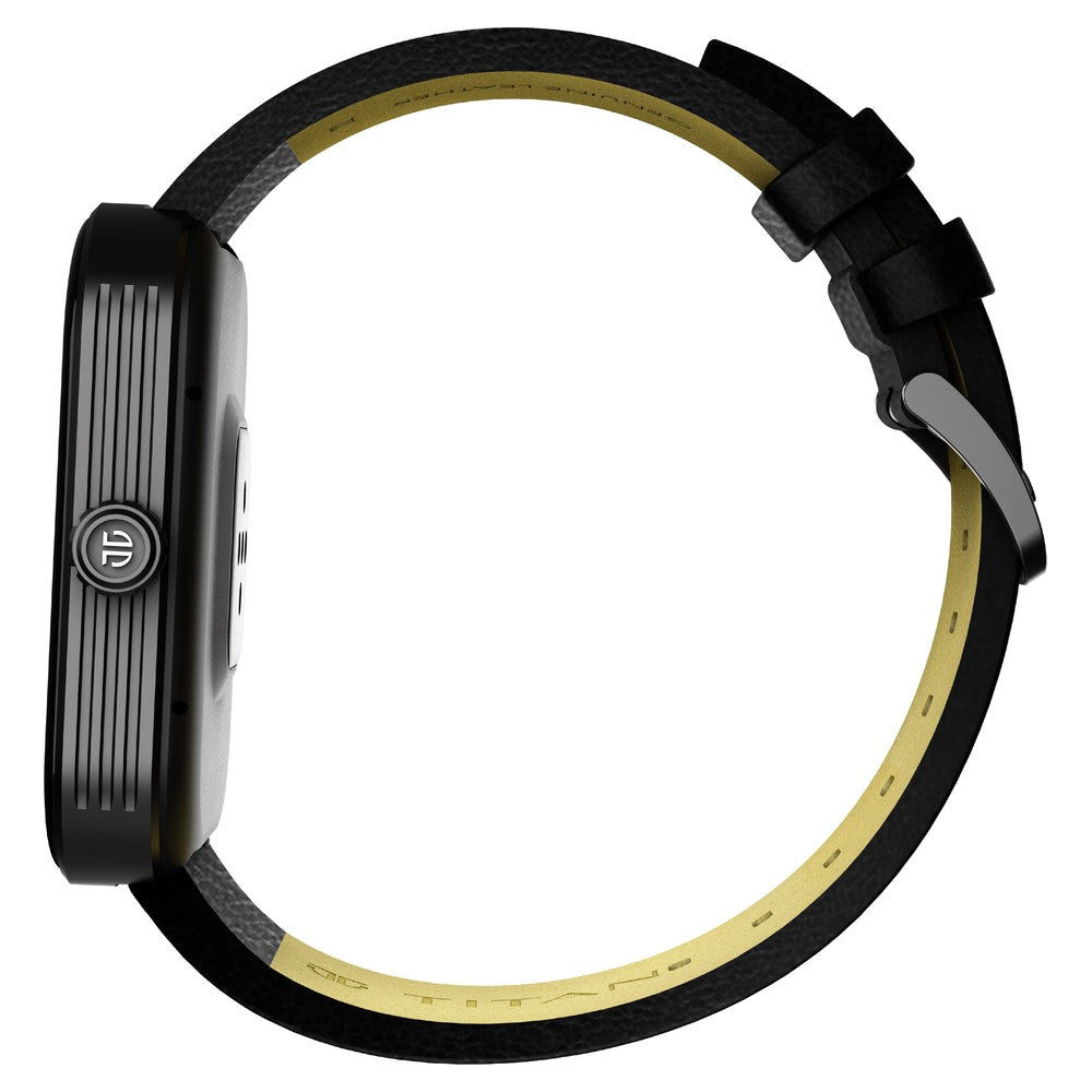 Titan Mirage with 4.97 cm AMOLED Display and AOD, Functional Crown, BT Calling Smartwatch with Black Leather Strap